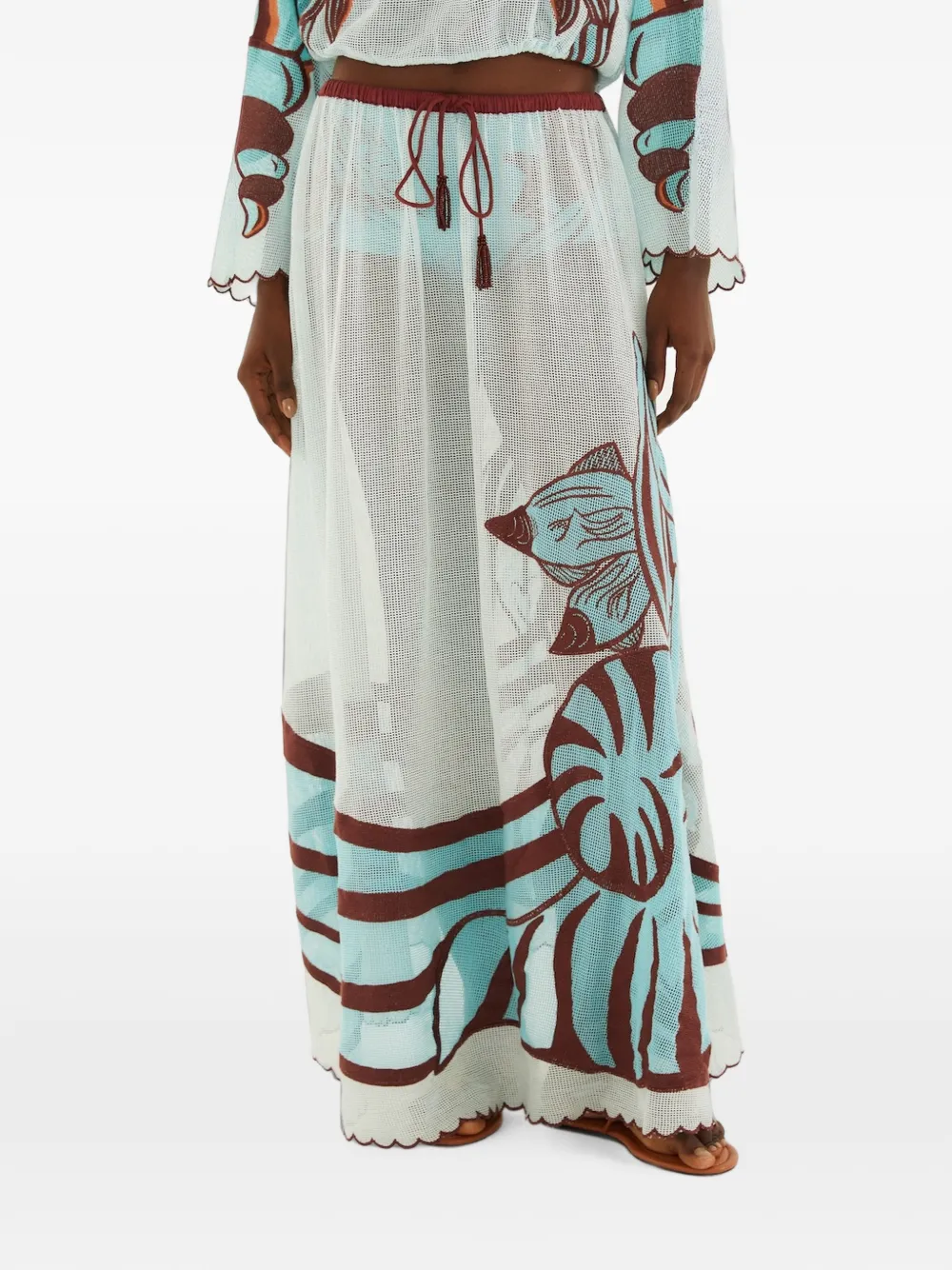 FARM Rio fish-print scalloped-edge long skirt - Bianco