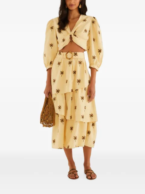 FARM Rio embroidered trees buckled layered midi skirt