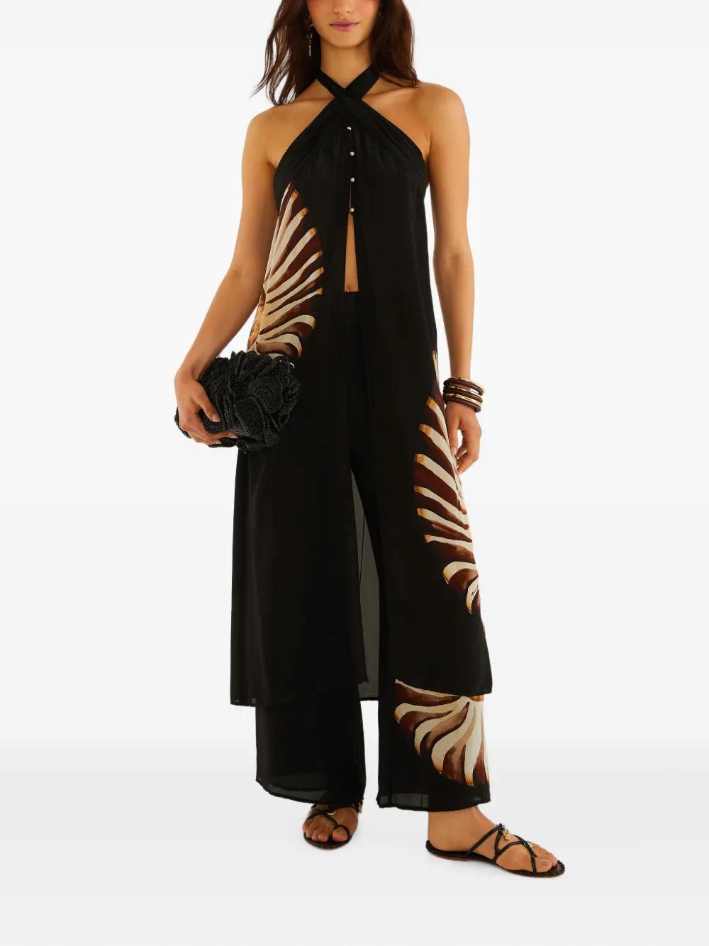 FARM Rio Top met halternek en Ammonite-print Zwart