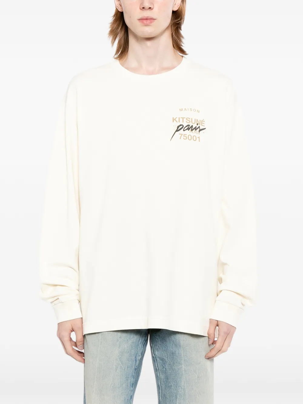 Maison Kitsuné T-shirt met vossen-print en lange mouwen Beige