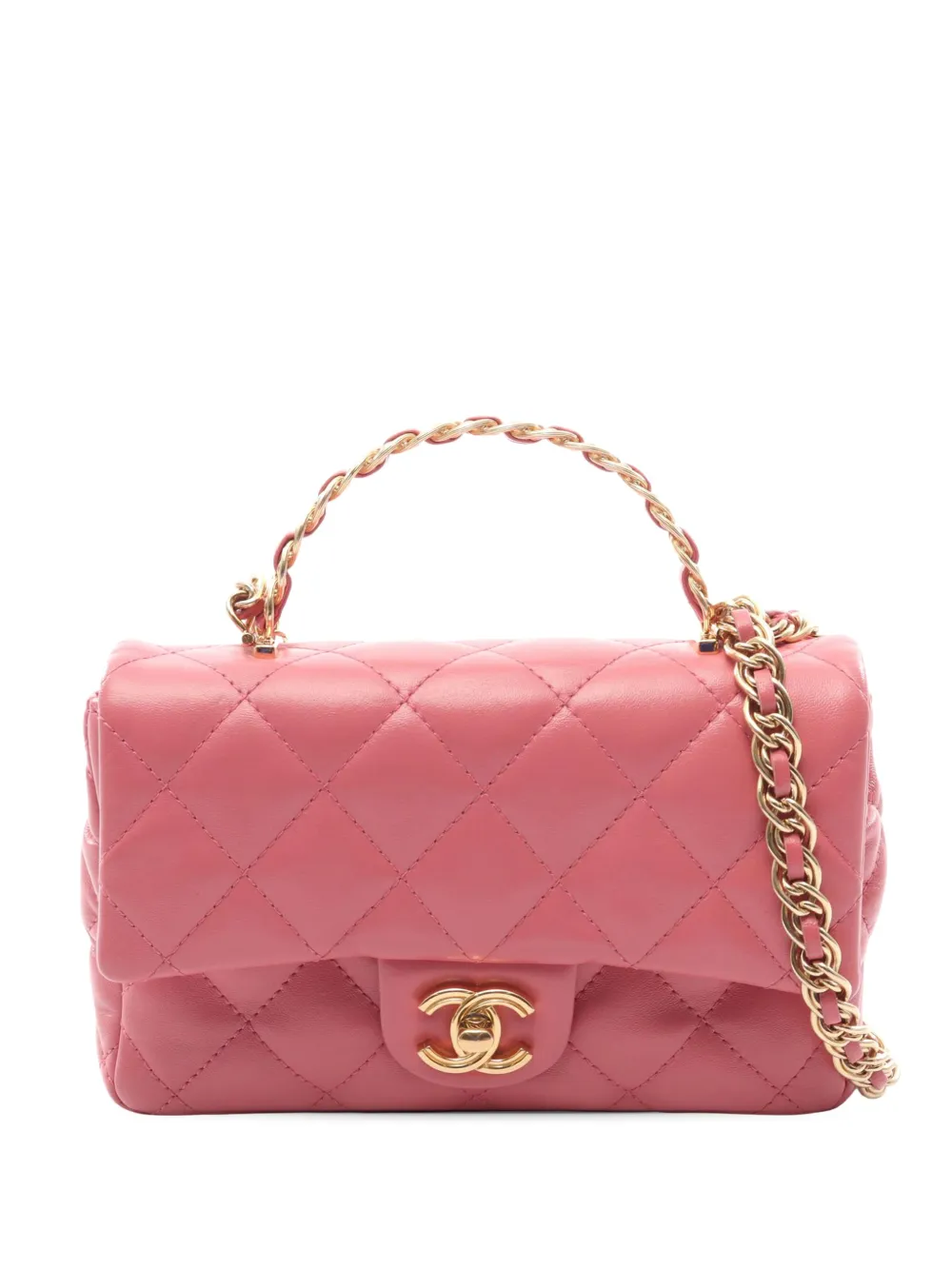 CHANEL Pre-Owned 2021-2026 Quilted Lambskin Metal Top Handle Flap satchel - Pink