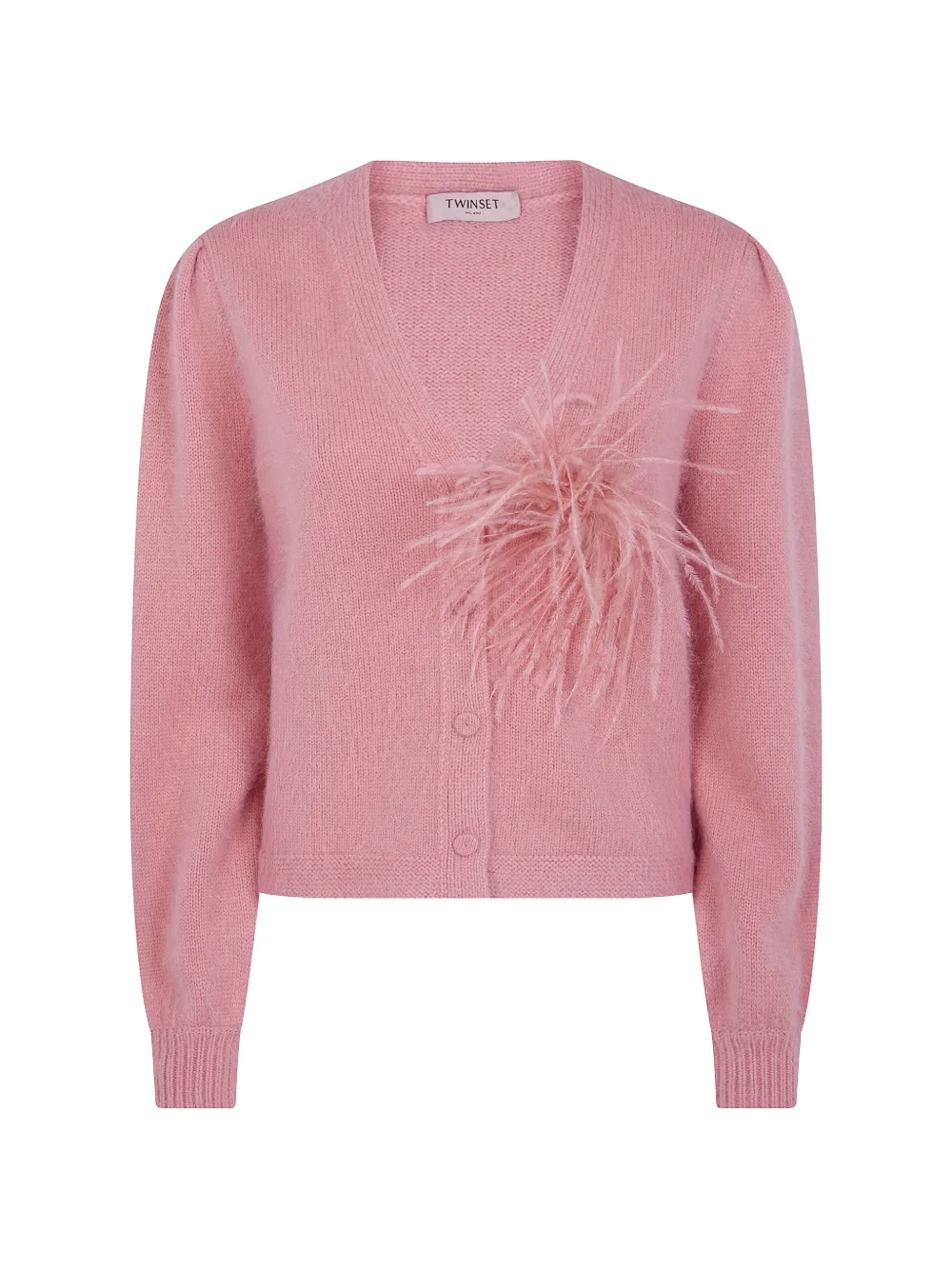 TWINSET feather-embellished puffed-sleeve cardigan - Rosa