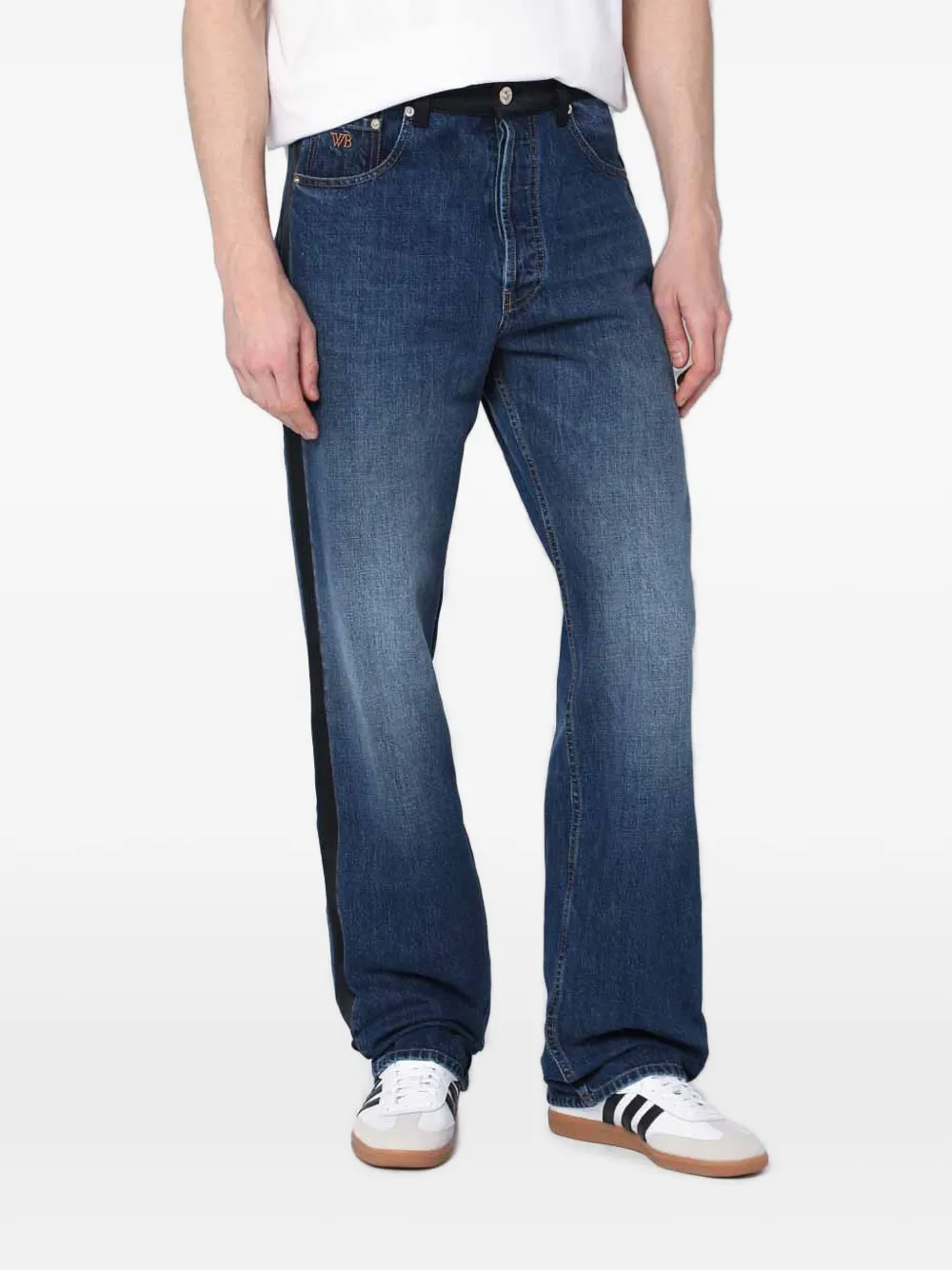 Wales Bonner side-stripe logo-embroidered jeans - Blau