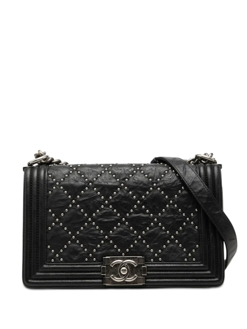 CHANEL Pre-Owned 2015-2016 Old Medium Quilted Crumpled Calfskin Studded Boy Flap crossbody bag - Nero