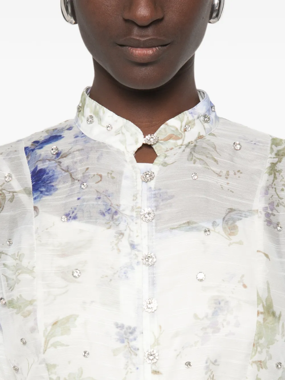 Paper Lace Mini-blousejurk verfraaid met kristallen en bloemenprint Wit