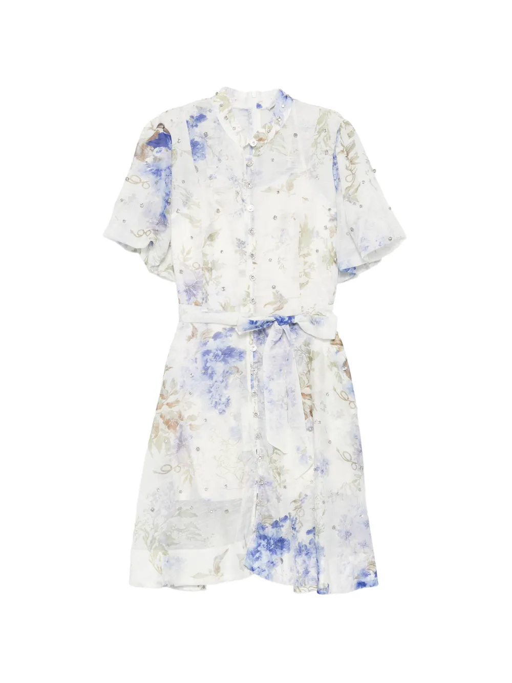 Paper Lace crystal-embellished floral-print mini shirt dress - Bianco