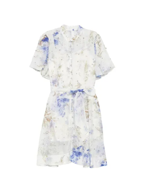 Paper Lace crystal-embellished floral-print mini shirt dress