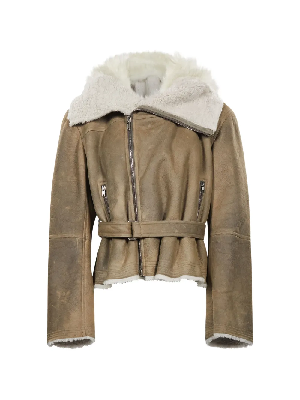 Rick Owens Cropped Flight belted shearling jacket - Toni neutri