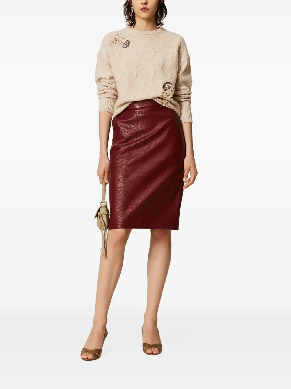 TWINSET Gebreide trui met geborduurde bloemen Beige