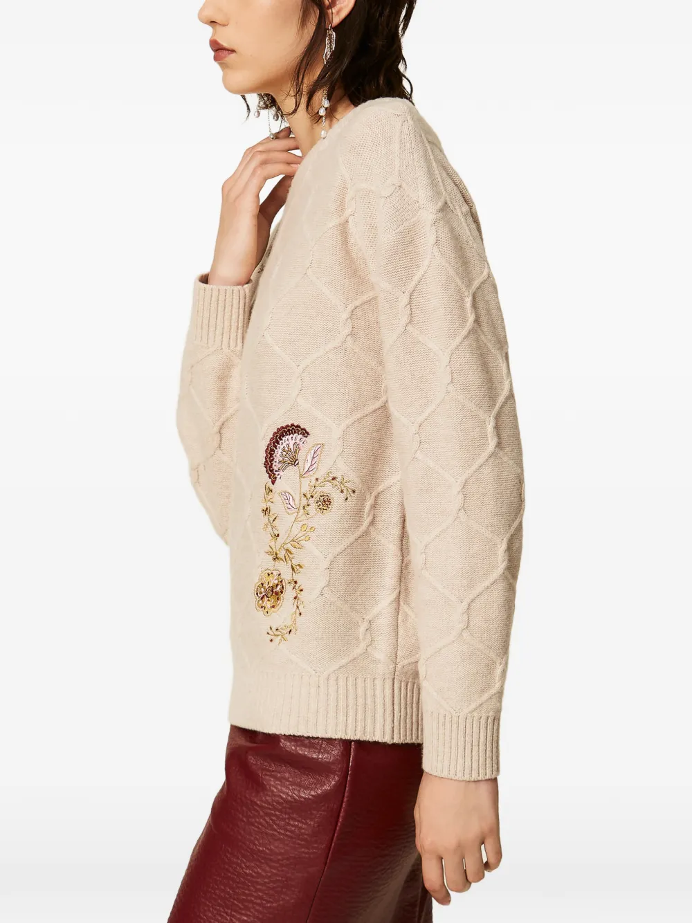 TWINSET Gebreide trui met geborduurde bloemen Beige