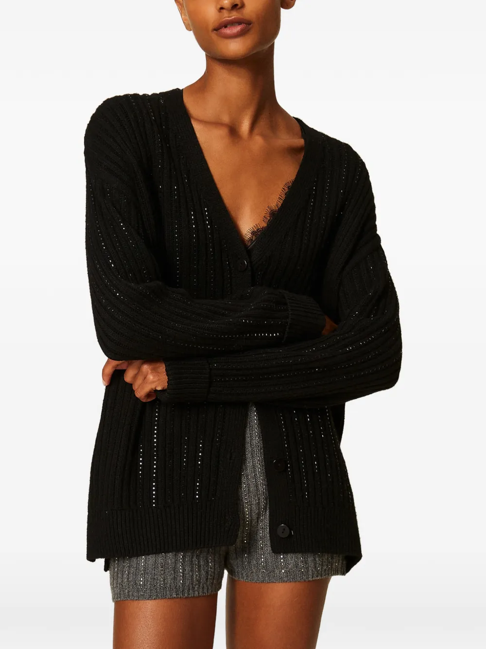 TWINSET wool blend cardigan with rhinestones Zwart