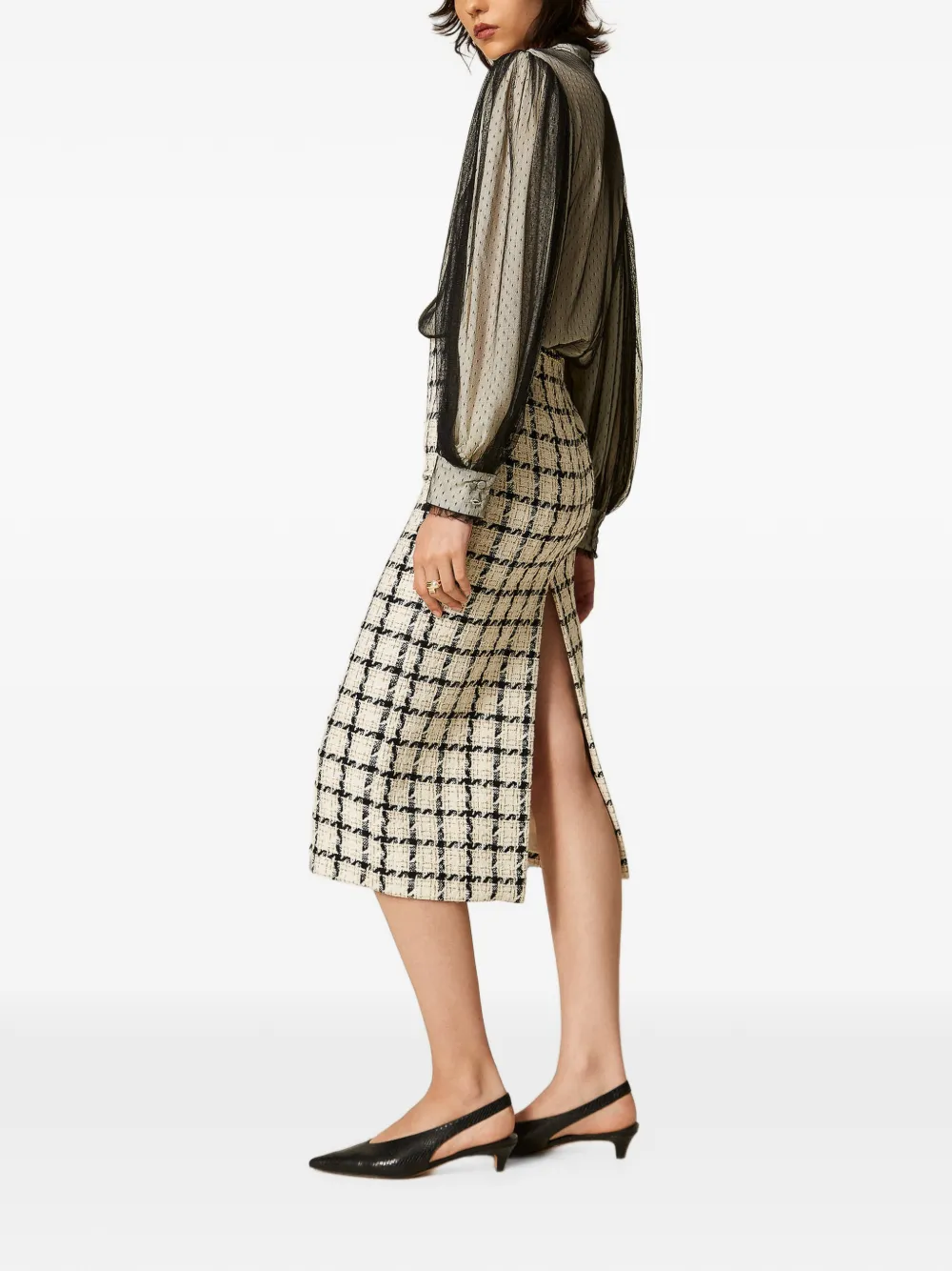 TWINSET midi bouclé skirt with check pattern Beige