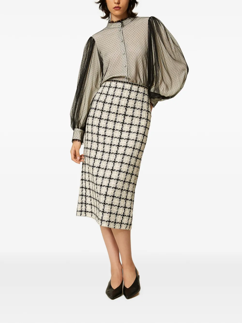 TWINSET midi bouclé skirt with check pattern Beige