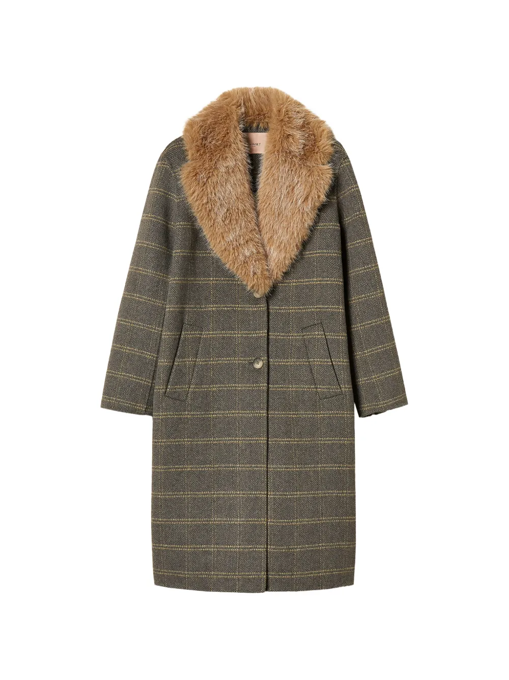 TWINSET Karierter Wollmantel mit Faux Fur - Grau