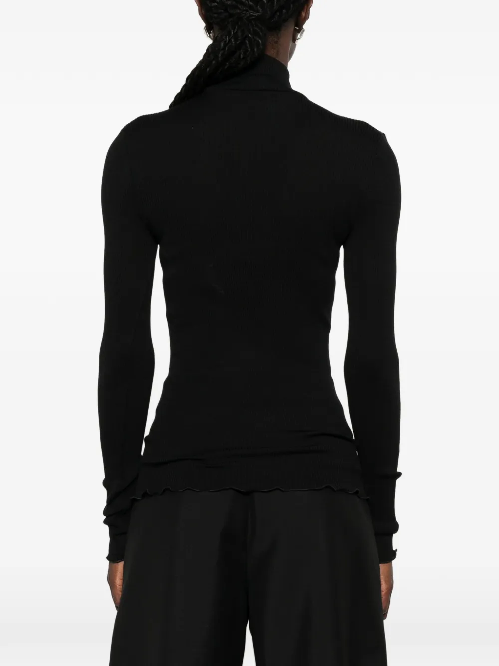 Prada Ribgebreid wollen T-shirt met col en golvende zoom Zwart