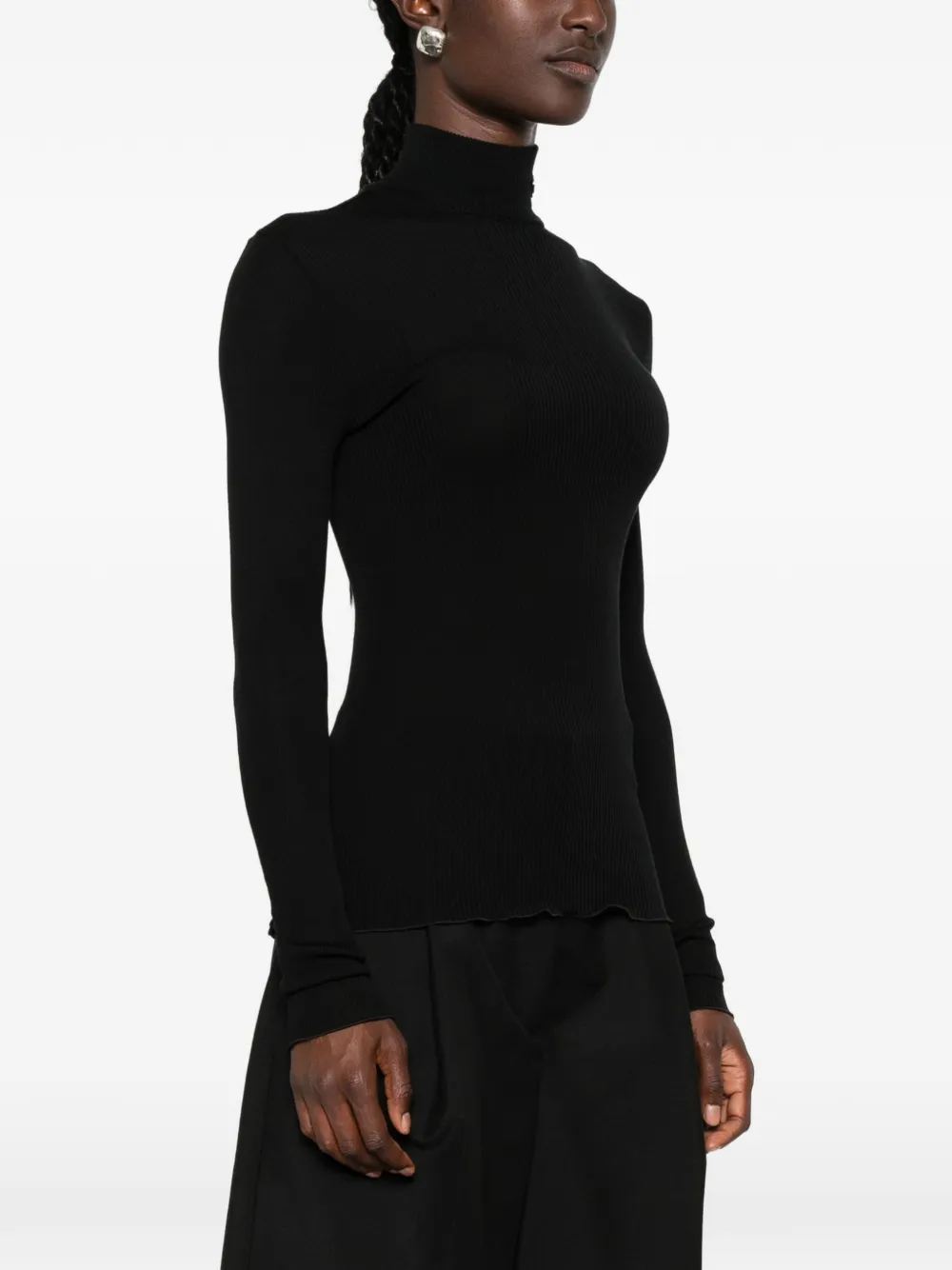 Prada Ribgebreid wollen T-shirt met col en golvende zoom Zwart