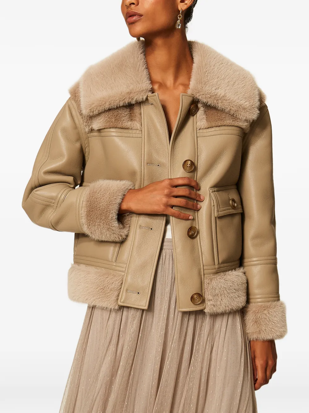 TWINSET Jack met leren effect en afwerking van imitatiebont Beige