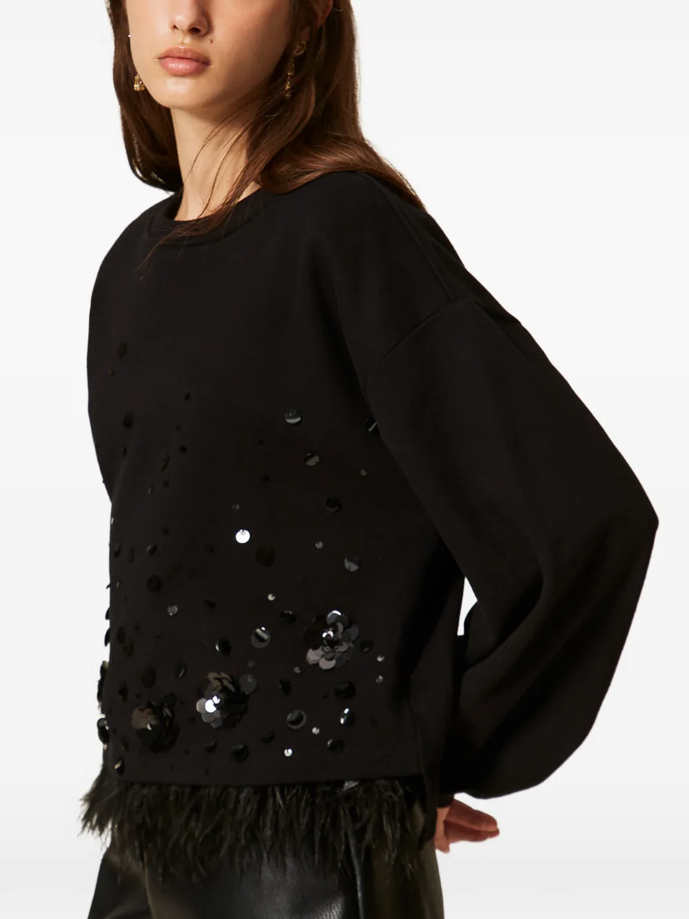 TWINSET Sweater met borduurwerk en veren Zwart