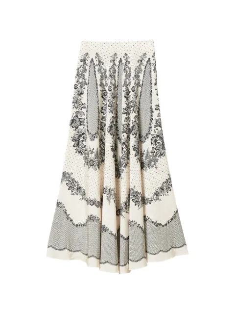 TWINSET jacquard satin long skirt with floral and polka dot pattern