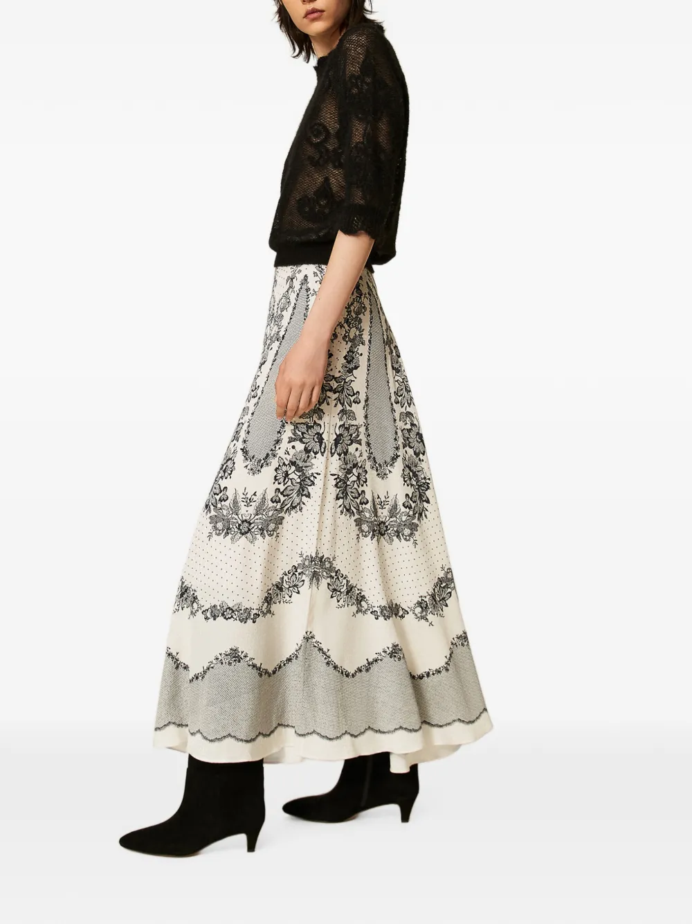 TWINSET Satijnen maxi-rok met stippen en bloemen-patroon Beige