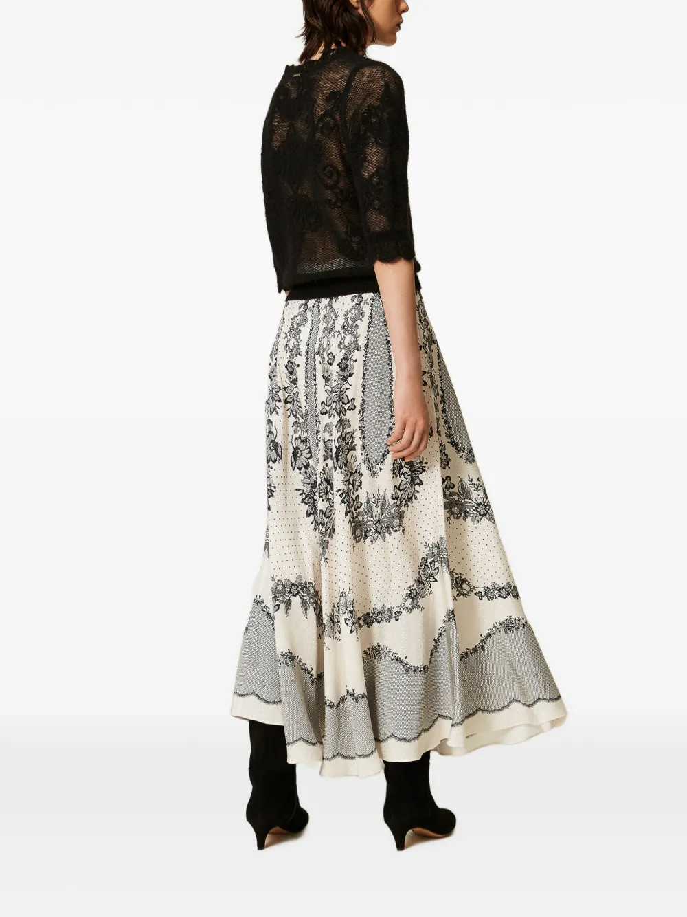 TWINSET Satijnen maxi-rok met stippen en bloemen-patroon Beige