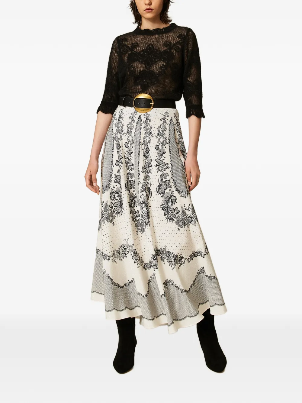 TWINSET Satijnen maxi-rok met stippen en bloemen-patroon Beige