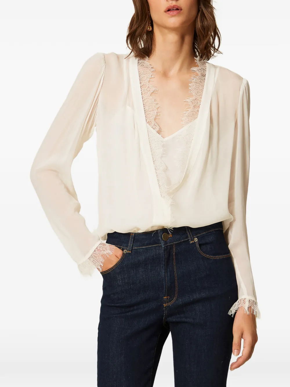 TWINSET Georgette blouse met kant Beige