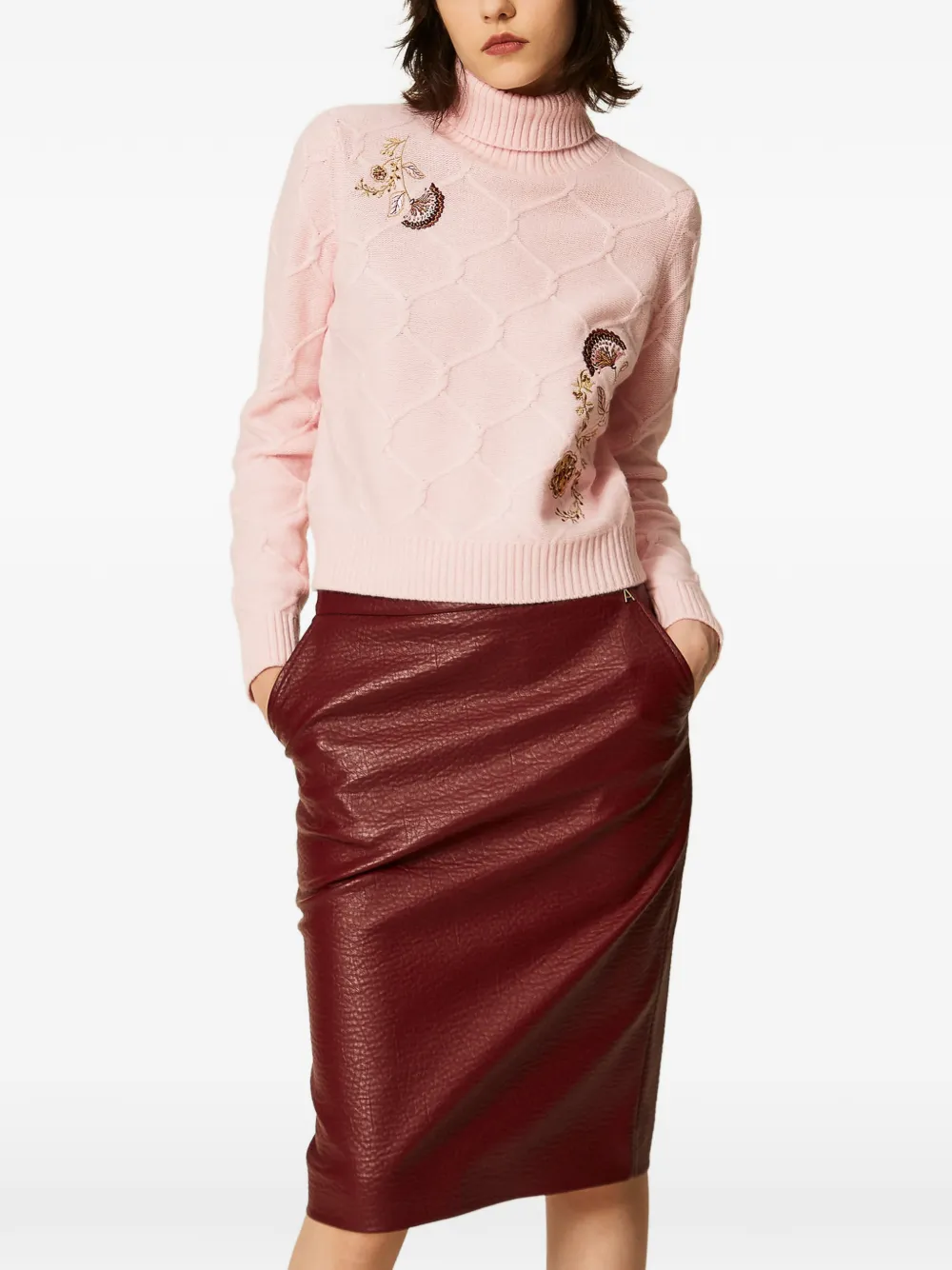 TWINSET Wollen coltrui met geborduurde bloemen Roze