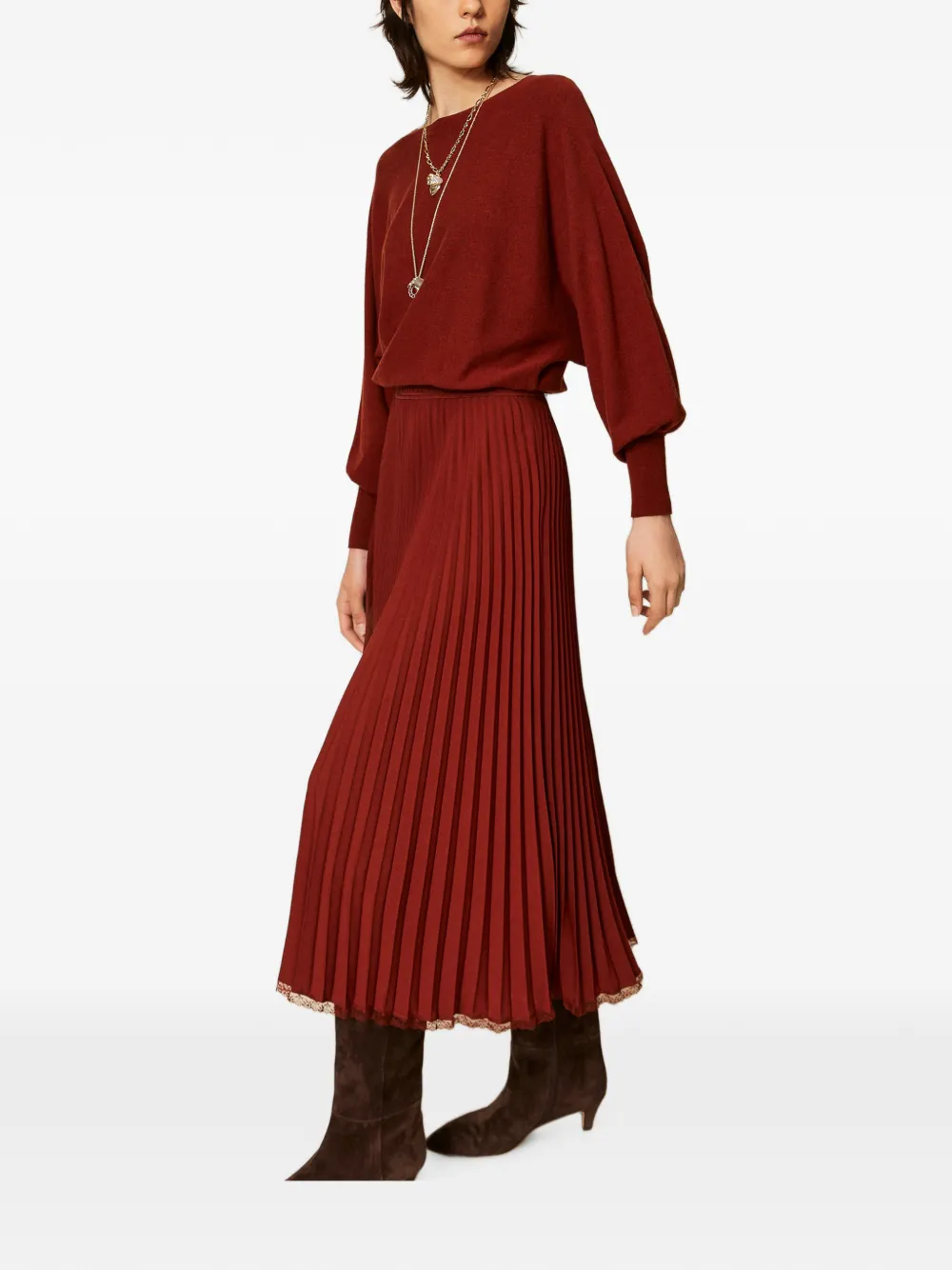 TWINSET Lange gebreide crêpe jurk met plooien Rood