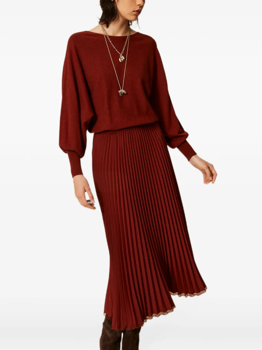 TWINSET Lange gebreide crêpe jurk met plooien Rood
