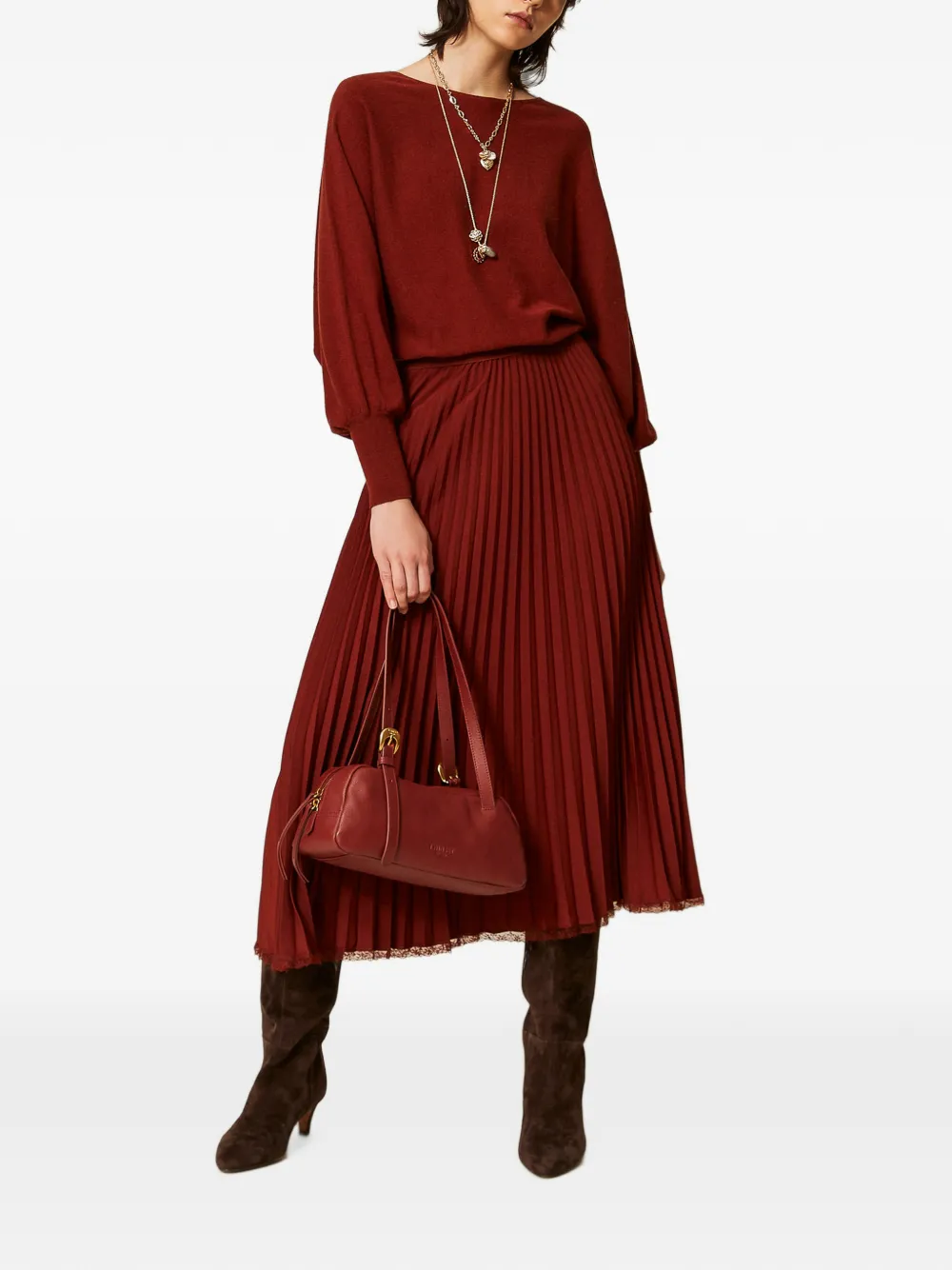 TWINSET Lange gebreide crêpe jurk met plooien Rood