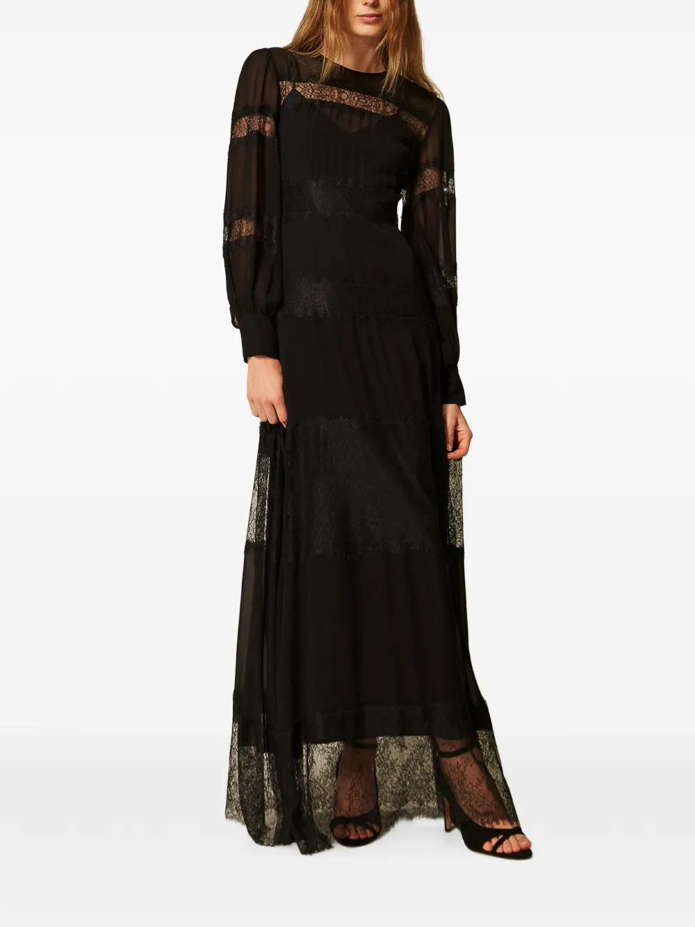 TWINSET Georgette maxi-jurk met kant Zwart