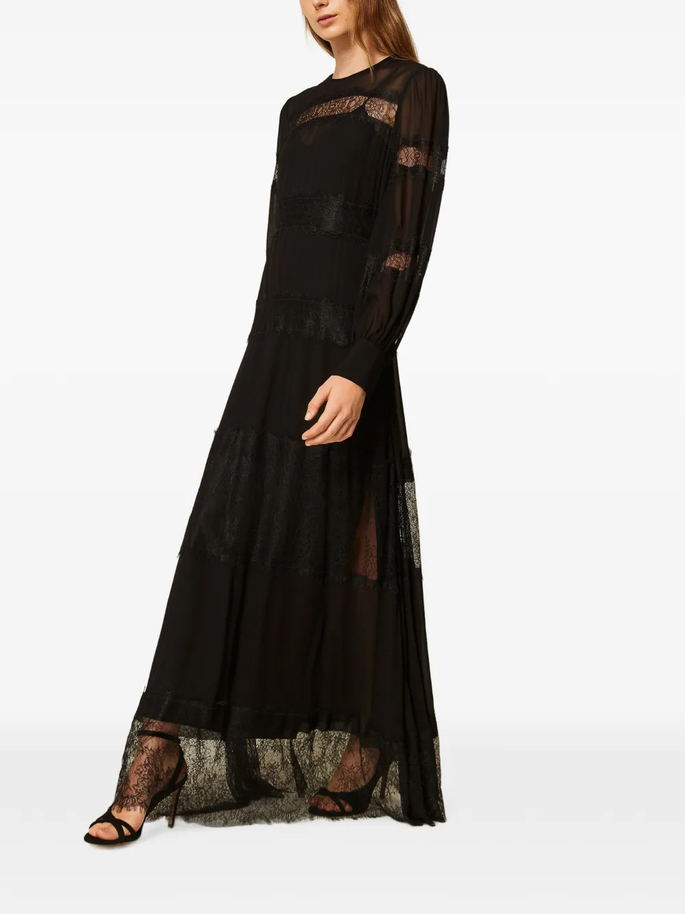 TWINSET Georgette And Lace Long Dress | Black | FARFETCH
