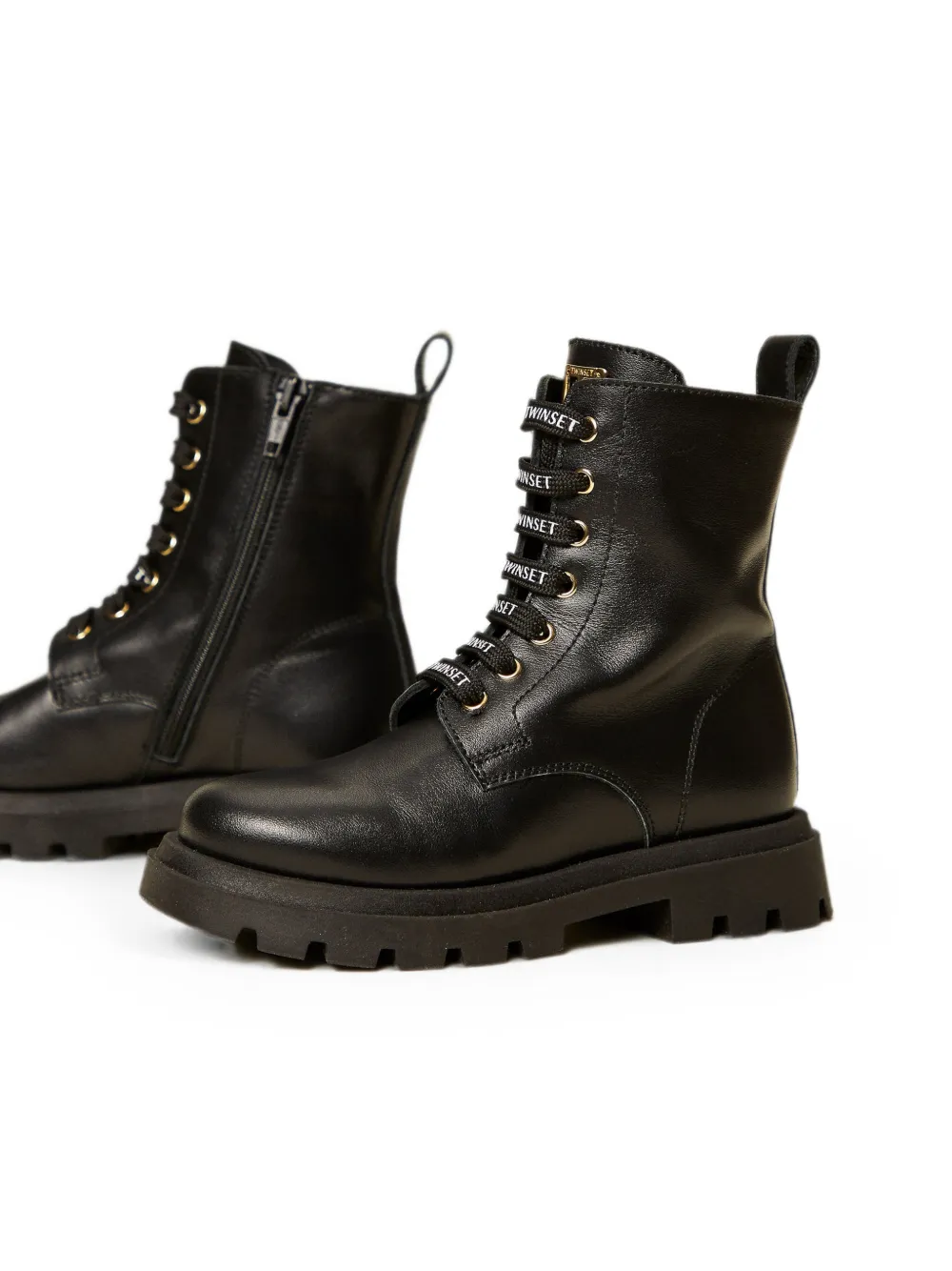 TWINSET Kids leather combat boots with logo Zwart