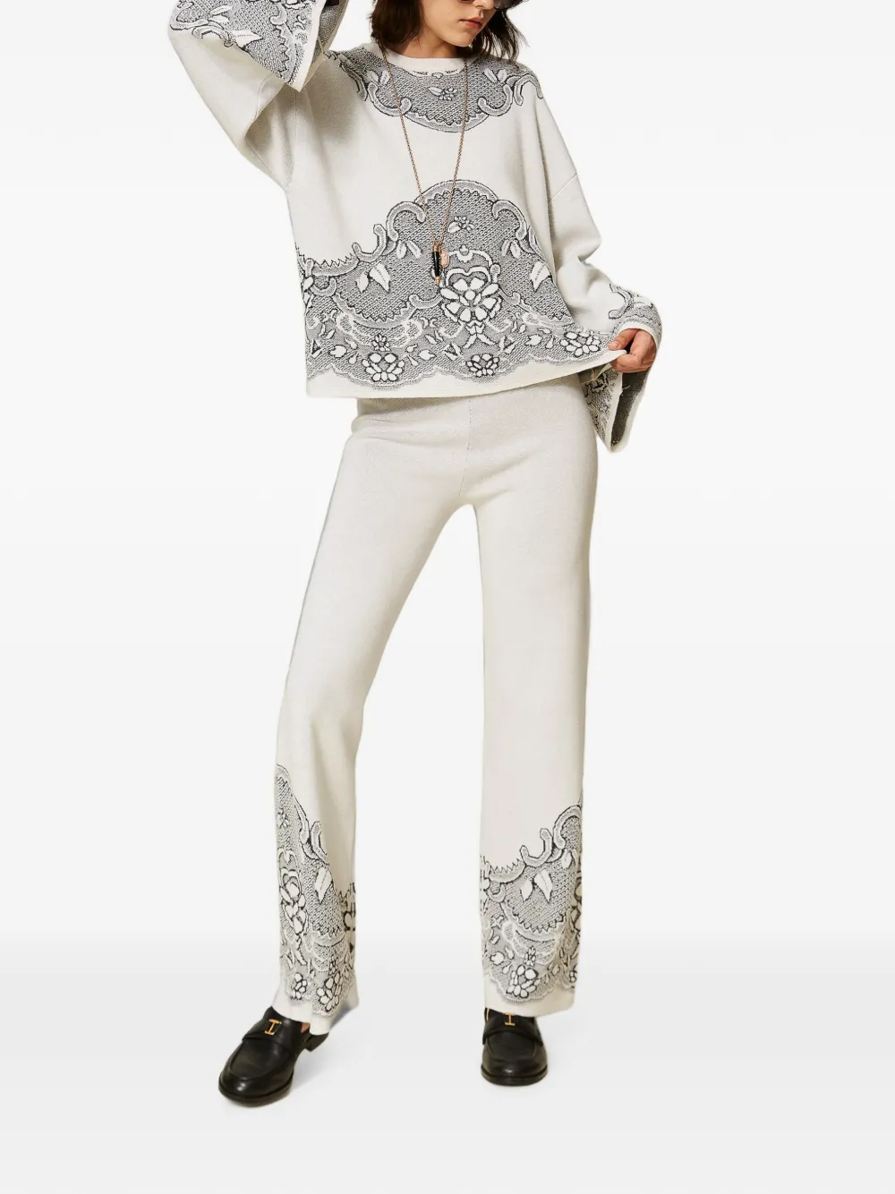 TWINSET Gebreide broek van wolblend met jacquard Beige