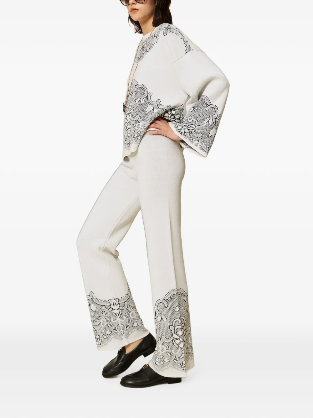 TWINSET Gebreide broek van wolblend met jacquard Beige