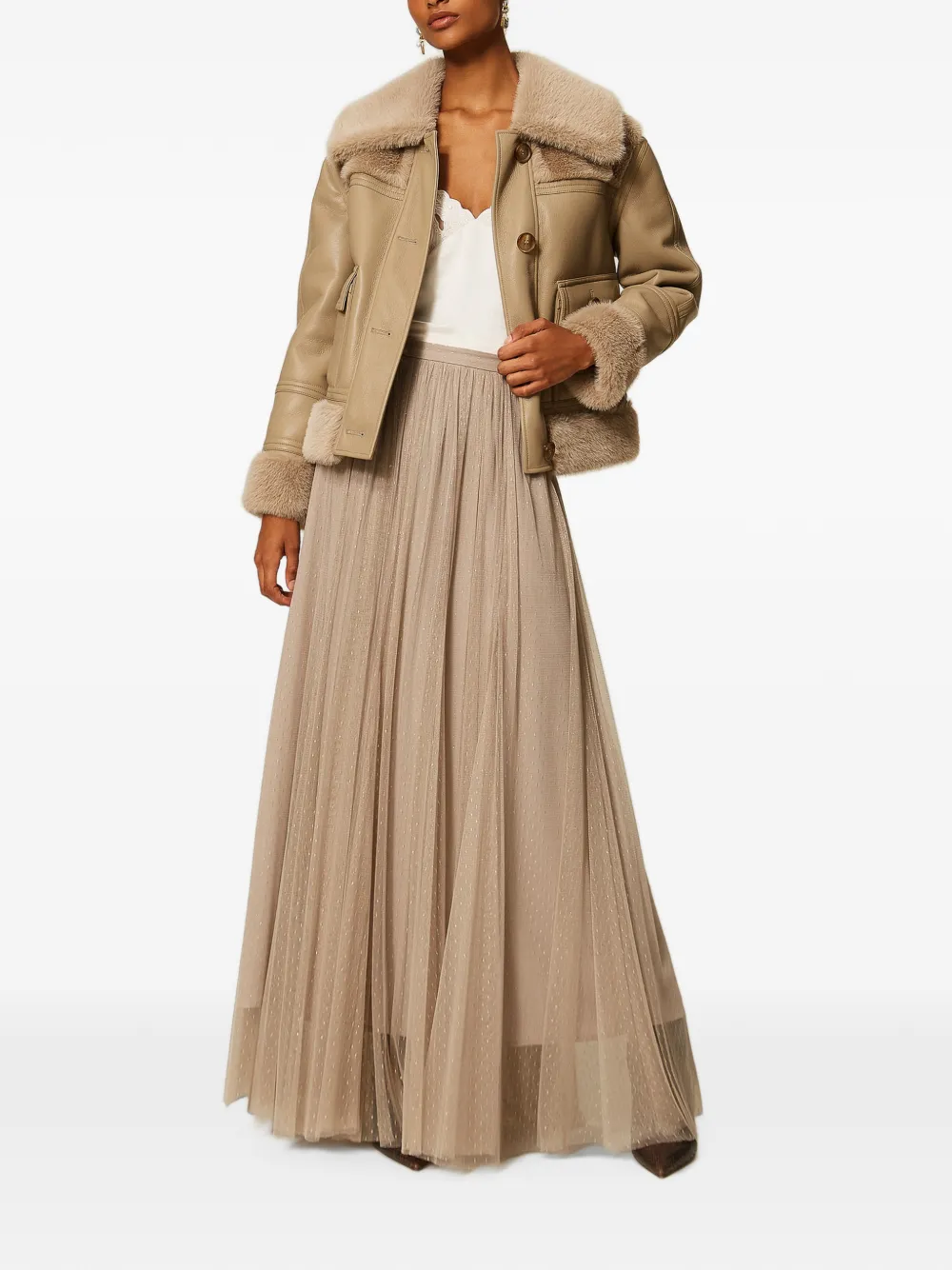 TWINSET long tulle skirt with lurex Beige