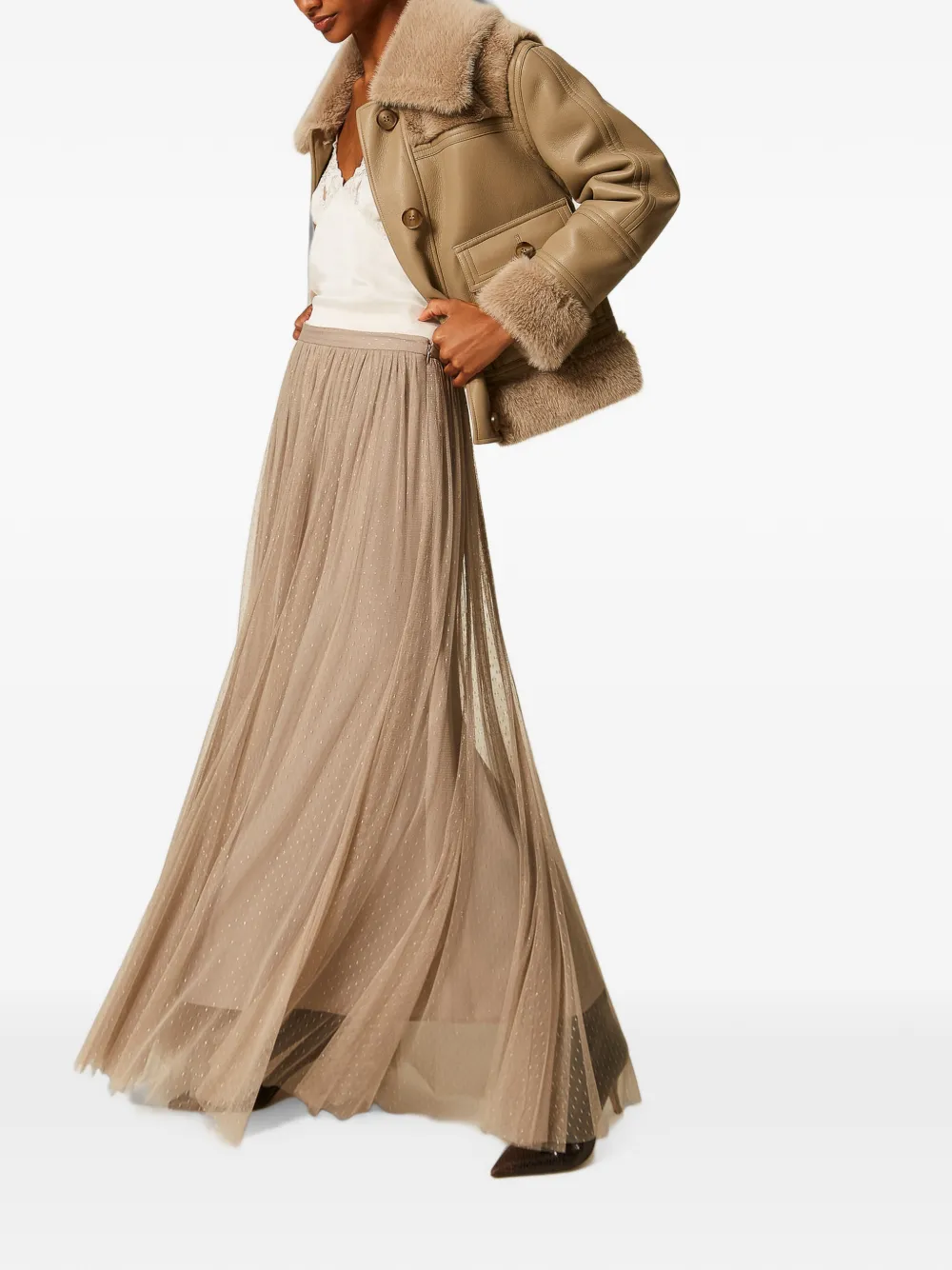 TWINSET long tulle skirt with lurex Beige