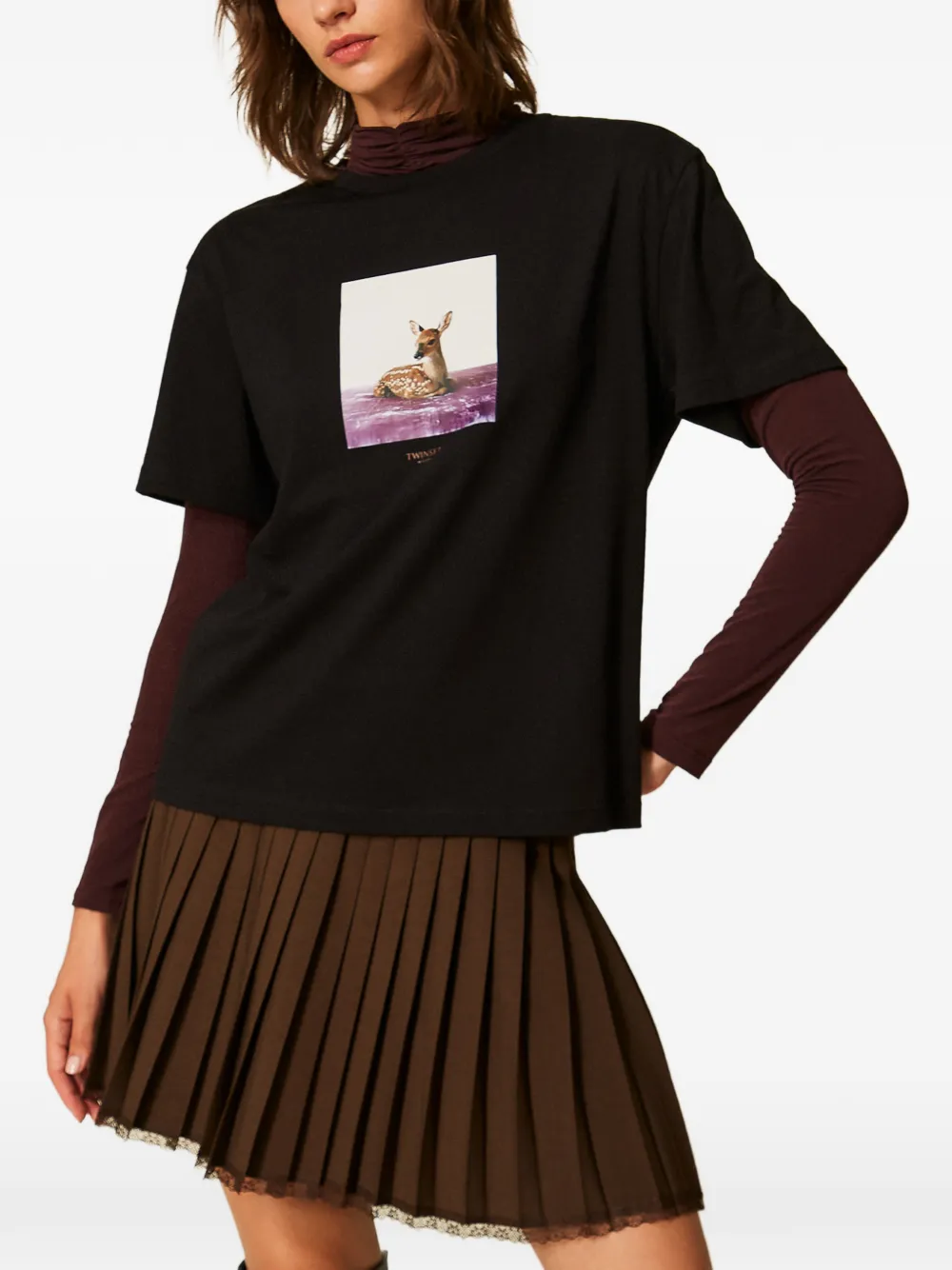 TWINSET Regular T-shirt met ronde hals en print Zwart