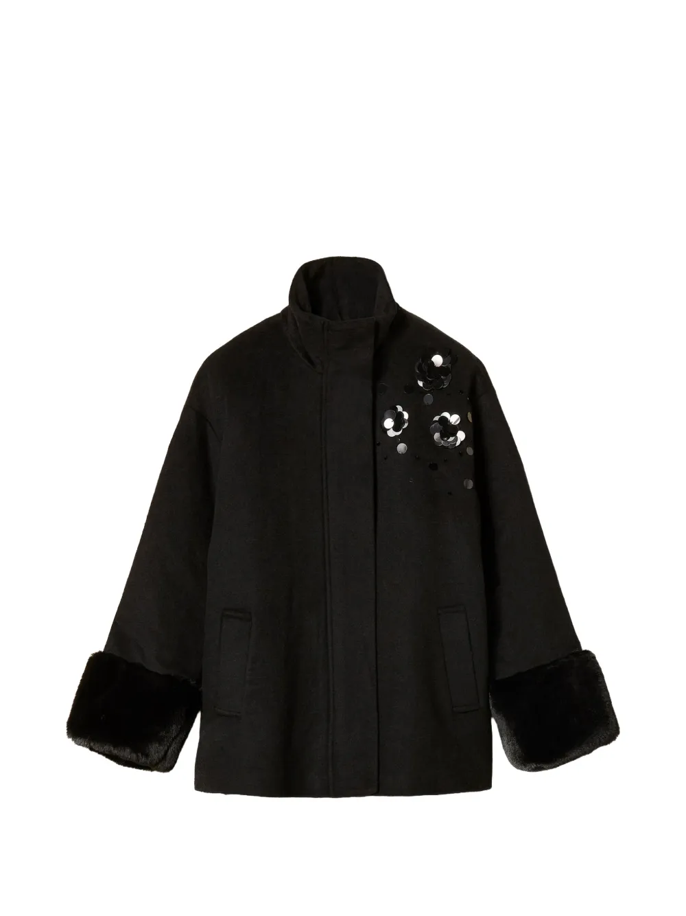TWINSET wool cloth coat with faux fur and embroidery - Black