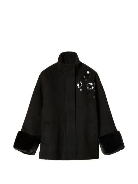 TWINSET wool cloth coat with faux fur and embroidery