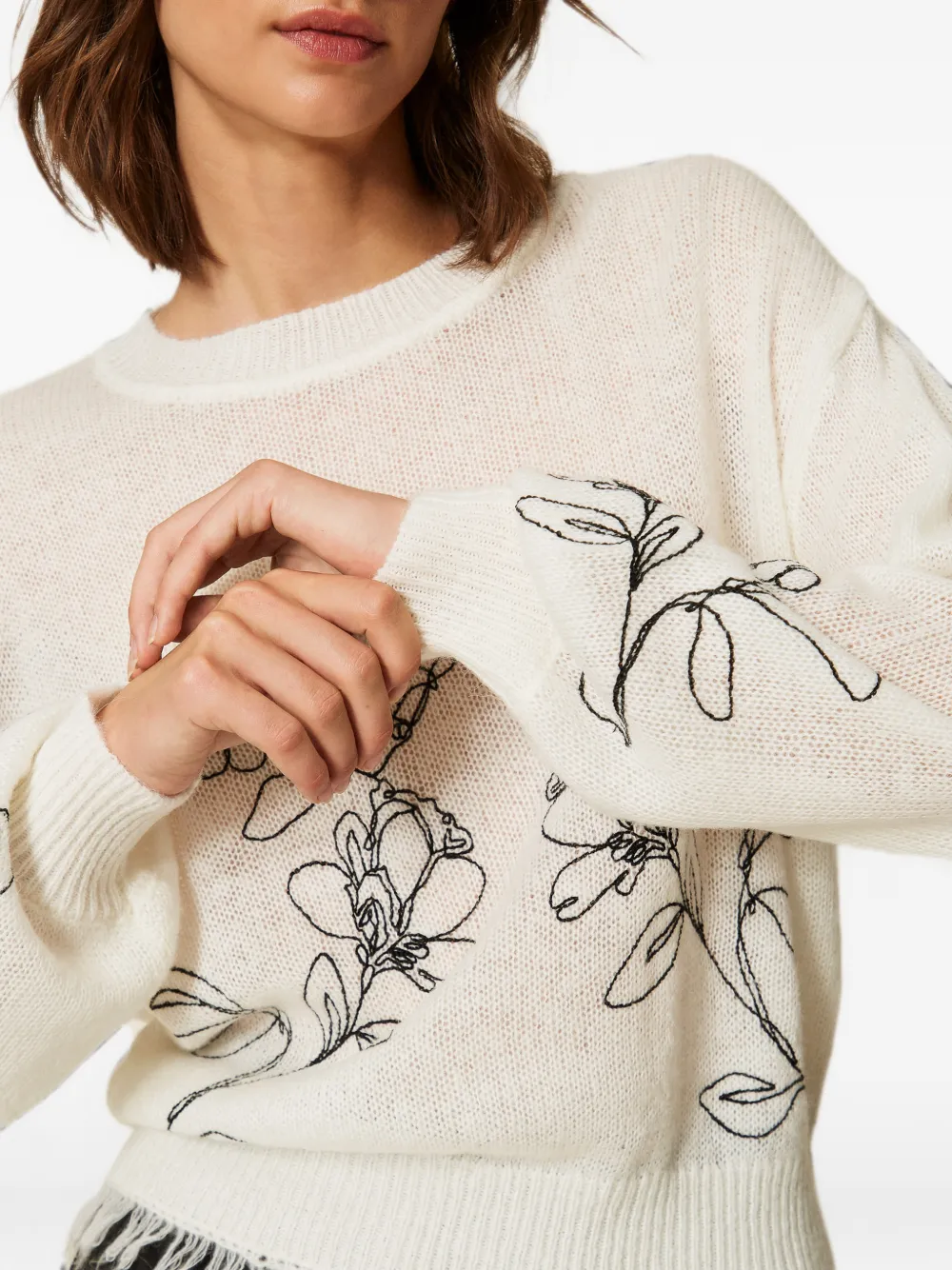 TWINSET Trui met geborduurde bloemen en franje Beige
