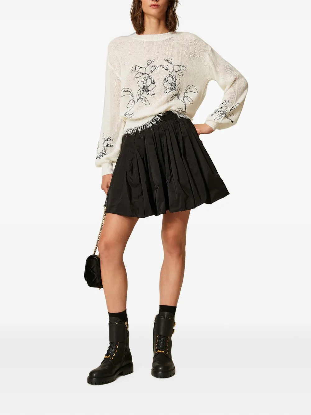 TWINSET Trui met geborduurde bloemen en franje Beige