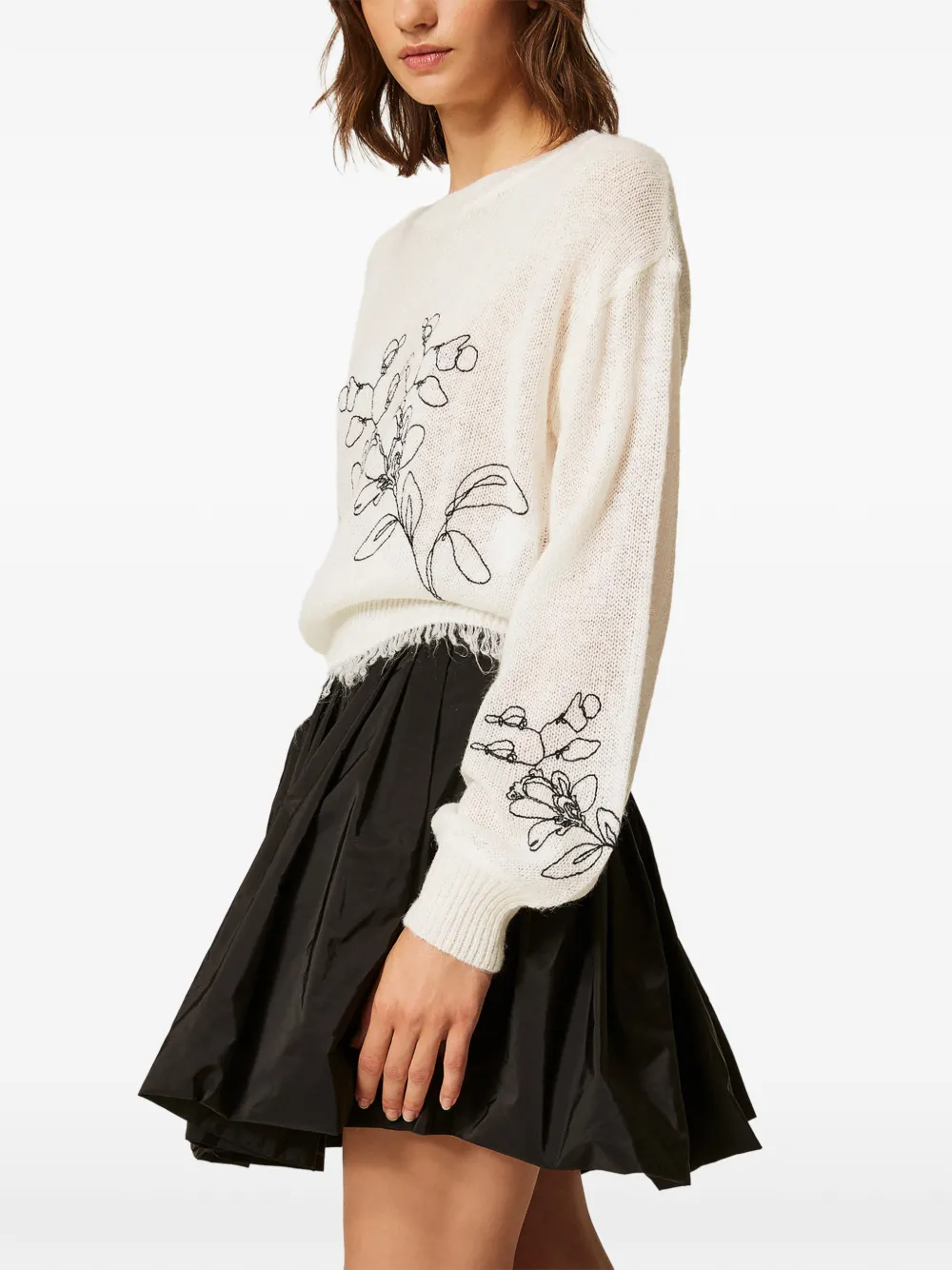 TWINSET Trui met geborduurde bloemen en franje Beige
