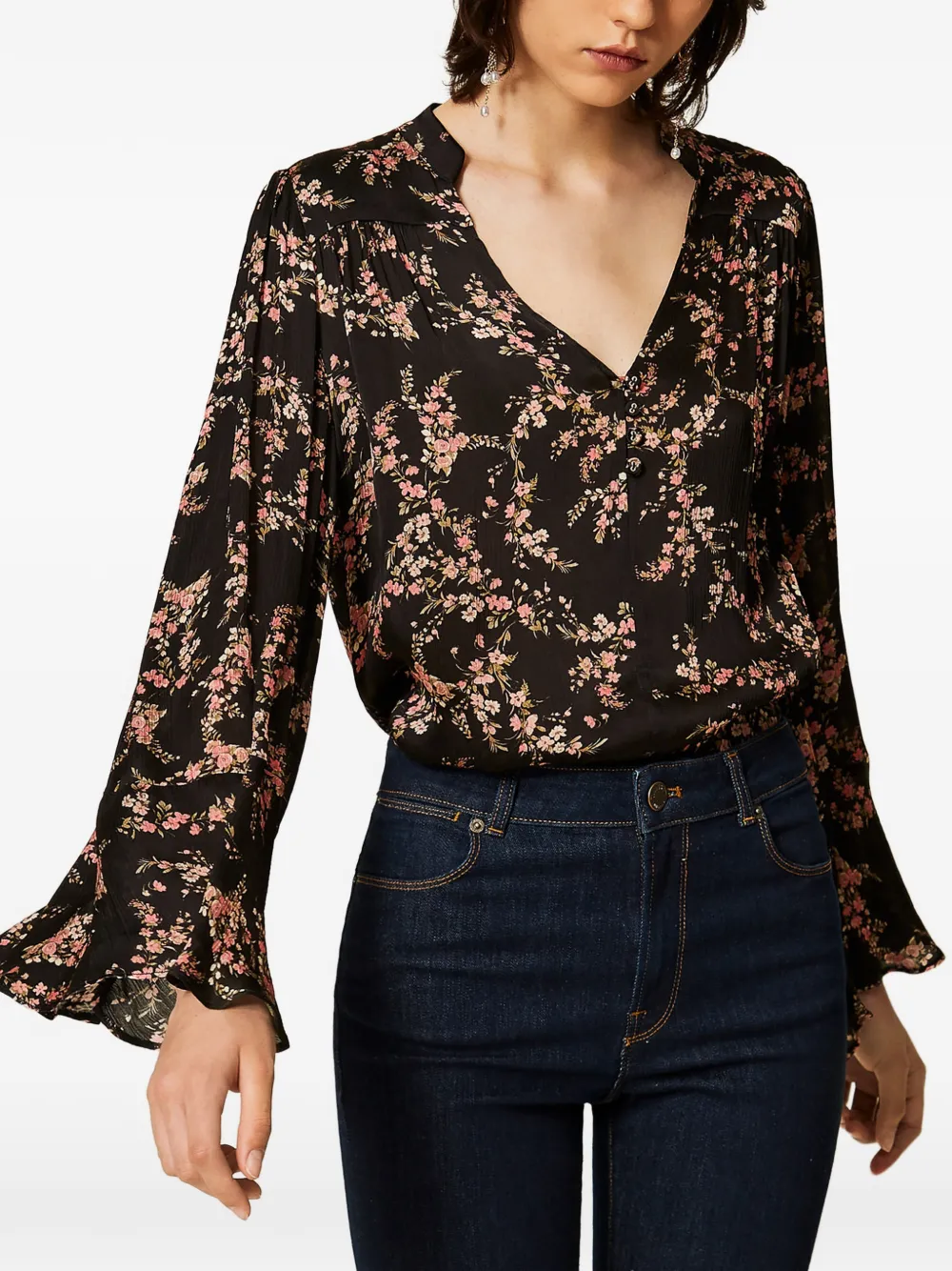 TWINSET Créponne blouse met bloemen Zwart