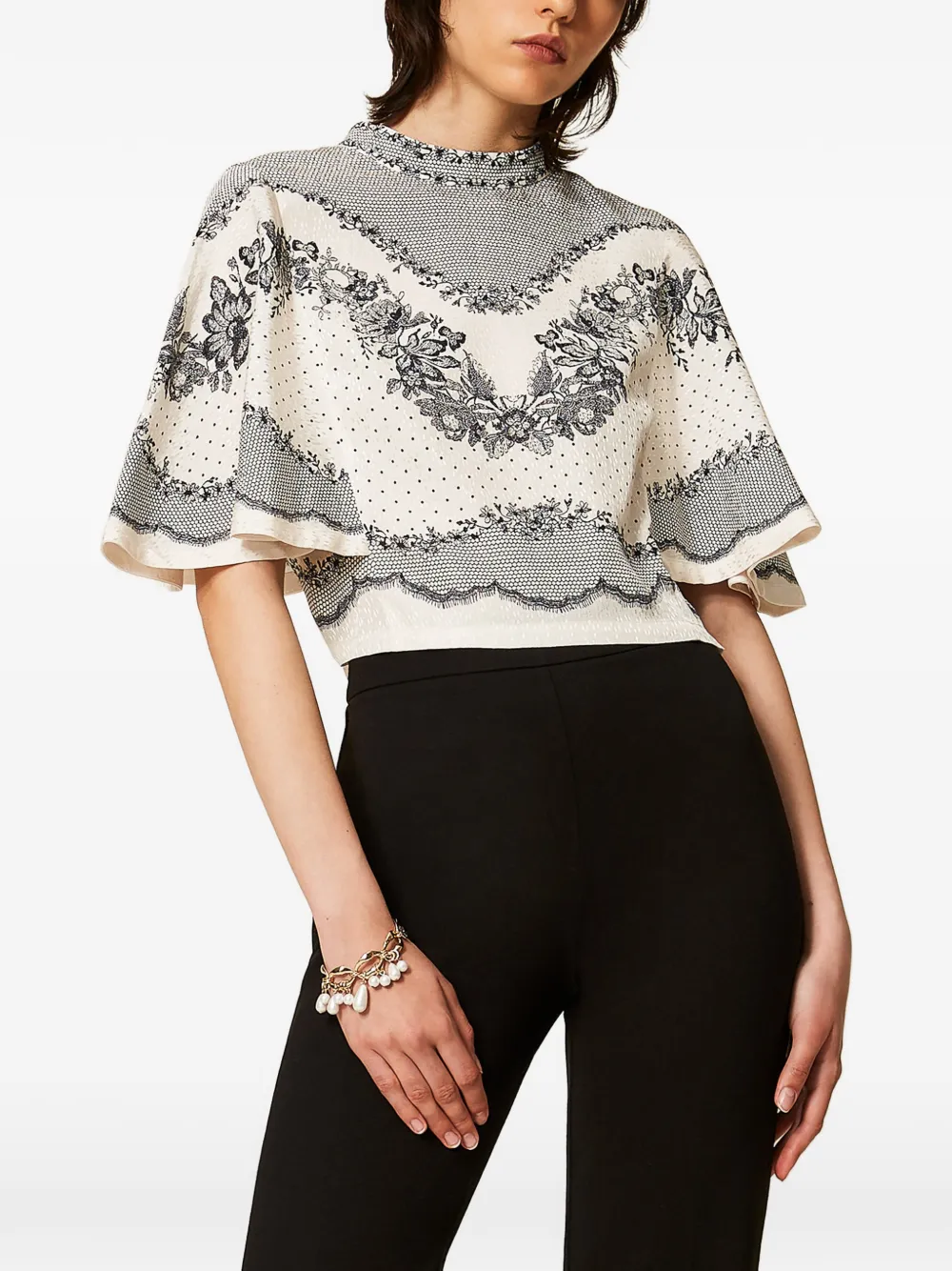 TWINSET Satijnen blouse met stippen en bloemen-jacquard Beige