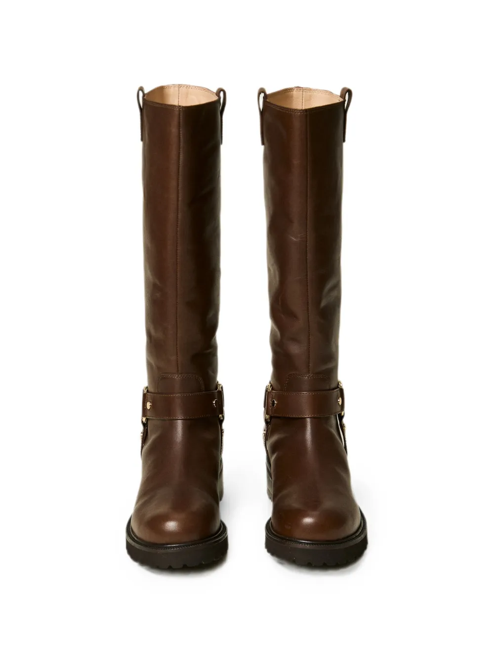 TWINSET leather high biker boots with ring Bruin
