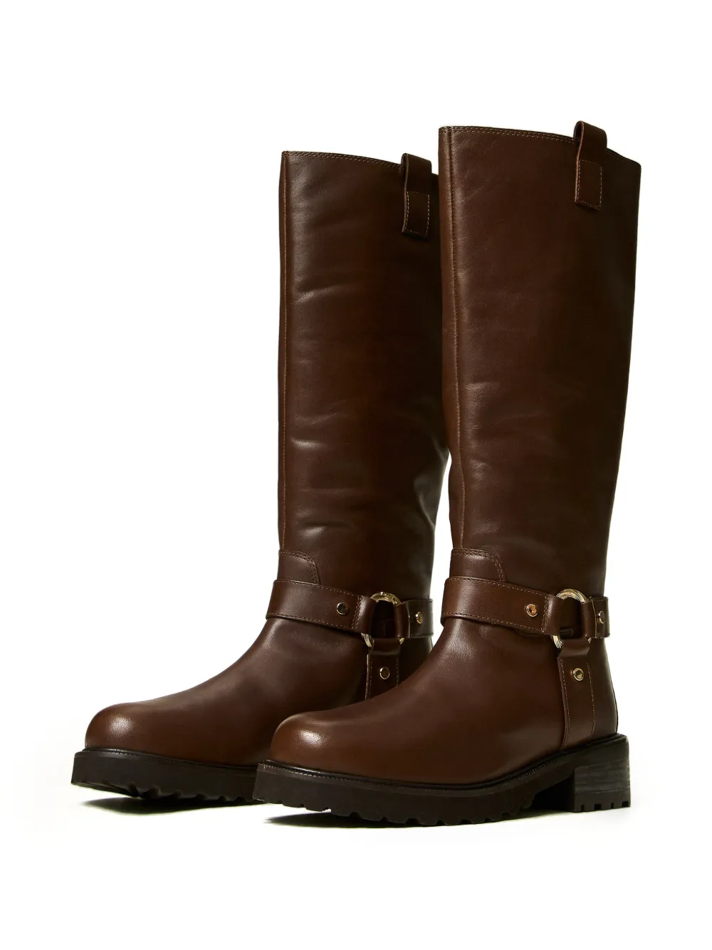 TWINSET leather high biker boots with ring Bruin