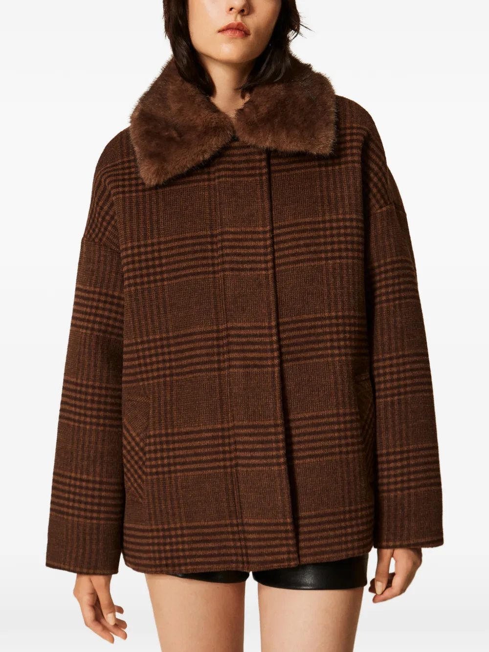 TWINSET Geruite wollen jas met imitatiebont Bruin