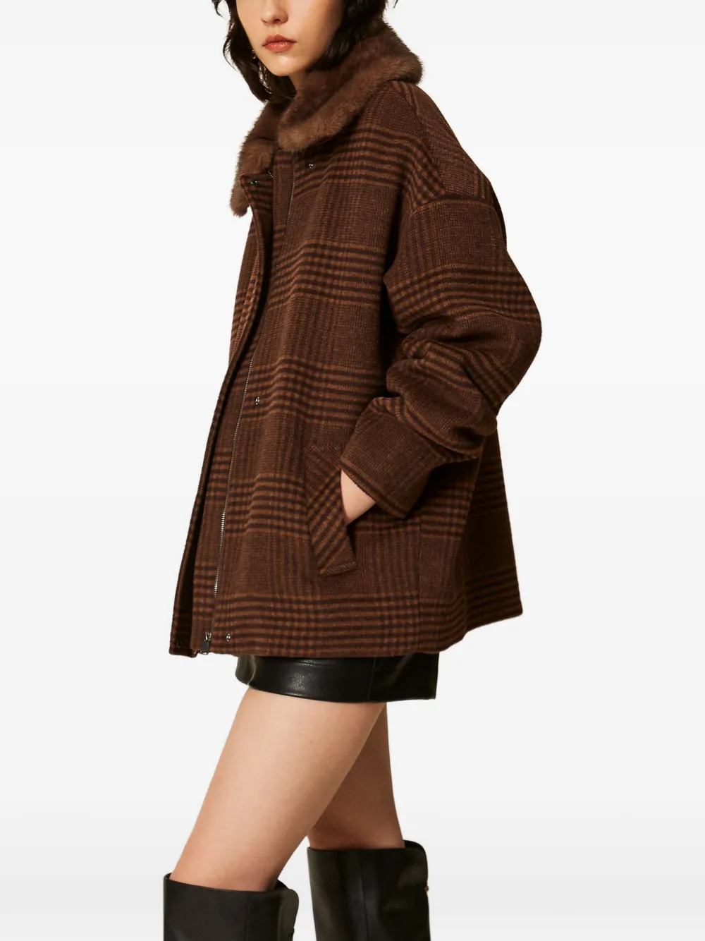 TWINSET Geruite wollen jas met imitatiebont Bruin